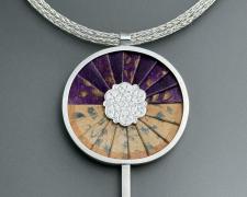 Martha Ferguson, "Round Fan Necklace", 2025, sterling silver, fine silver, paper, amethyst, chain: 18"; pendant: 2 5/8 x 1 1/2"