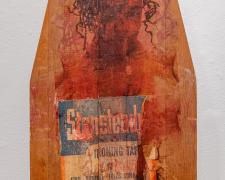 "Firm", 2023, transfer print on vintage ironing board, 54 x 13 x 1 1/2" (Detail View)