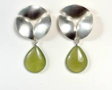 Heidi Gerstacker, "Flora Button with Drop", 2025, sterling silver, green stone drops, sterling silver earnests and earnuts, 1 1/2 x 1"