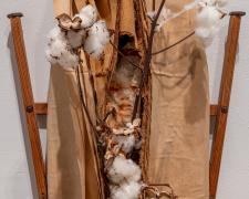 "For His Protection", 2023, mixed media: intaglio, vintage wood ironing board, plantation cotton, 42 x 13 x 1 1/2" (Detail View 1)
