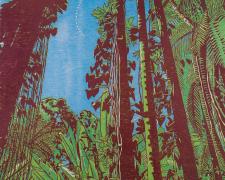 "Glint & Glimmer", 2022, reduction woodcut with hand coloring, i.s. 22 x 16" / p.s. 24 x 18"