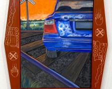 "Ghosts of San Antonio’s Train Tracks", 2025, gouache on panel in handmade frame, panel size: 20 x 16" / f.s. 30 x 23 1/2 x 2"