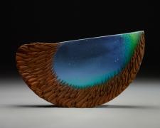 Green Blue Half Moon, cast and cut glass, fused steel, 12 x 21 x 3" 