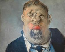 "Mouth with Suit", 2025, graphite and acrylic on panel, 10 x 8 x 3"