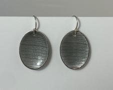 Heidi Gerstacker, "Grey Striation Oval Earrings", 2022, vitreous enamel on fine silver, sterling silver ear wires, 1" length