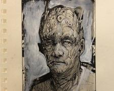 Head with Circles, 2017, ink, acrylic on paper, p.s. 8 x 5 7/8" / f.s. 13 5/8 x 11 5/8"