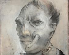 "Head with Face Hand", 2013-2026, graphite and acrylic on panel, 12 x 9 x 3"