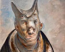 "Head with Faces", 2013-2026, graphite and acrylic on panel, 8 x 7"