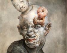 Head with Idea Blooms, 2015, graphite, acrylic on panel, 14 1/8 x 11 x 2"
