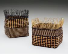 Heather Logan, "Black and Gold Diptych", beadwork, Box A: 3 x 3 x 3" (right) / Box B: 4 x 3 x 3" (left)