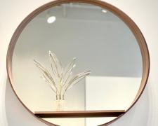 Heidi Gerstacker, "Mirror with 'Little Bouquet' Still Life", 2023, round mirror with walnut veneer frame and plant bouquet: brass, vitreous enamel on copper, 22k gold leaf, 24" diameter / still life: 10 1/2 x 8 1/2 x 4 1/2"