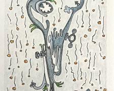 "Homage to Max", 2023, ink and color pencil on Stonehenge paper, 8 1/2 x 6 1/2"