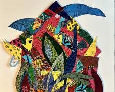 "Home is greater than the sum of its parts", 2024, enamel paint, oil-based markers, layered hand-cut paper, 24 x 18"