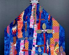 "I Feel At Home When I See My Garden", 2026, fabric, wallpaper, enamel, oil-based markers, paper, cardboard, foam board, 46 1/2 x 36 1/2”