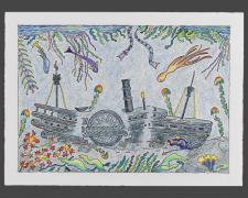"I Saw a Ship a Sailing, It Sank", 2025, ink and color pencil on Stonehenge paper, 6 1/2 x 9"