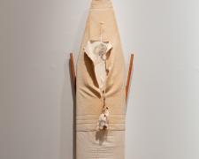"I Just Need A Moment To Breathe", 2023, mixed media: transfer print, vintage wood ironing board, plantation cotton, 46 x 13 x 1 1/2"