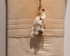 "I Just Need A Moment To Breathe", 2023, mixed media: transfer print, vintage wood ironing board, plantation cotton, 46 x 13 x 1 1/2" (Detail View 2)