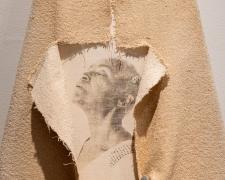 "I Just Need A Moment To Breathe", 2023, mixed media: transfer print, vintage wood ironing board, plantation cotton, 46 x 13 x 1 1/2" (Detail View 1)