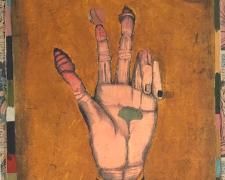 The Hand, 2018, intaglio, hand color(watercolor), relief, collage, i.s.18 3/4 x 12 1/2"