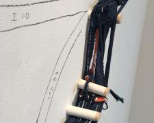 I tried to weave a story too intimate (detail), 2019, torn Astros t-shirt, wooden pegs, 88 x 70" 