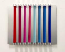 Chromolight 16PB8-1, 2018, spray enamel on acrylic rods over aluminum, 16 1/2 x 20 1/4"
