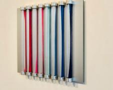 Chromolight 16PB8-1, 2018, spray enamel on acrylic rods over aluminum, 16 1/2 x 20 1/4"