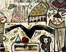 Chasing the Thing #6, oil and mixed media on wood panel, 24 x 48 x 3"