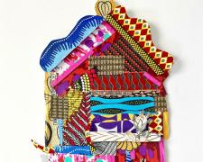 "Exuberant Home", 2025, enamel and oil-based markers on paper, fabrics, f.s. 26 x 20"