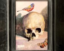 Kermit Oliver, "A Painted Bunting with an Aholibah Underwing", 2019, acrylic on wood, i.s. 11 1/2 x 7 1/2" / f.s. 19 1/2 x 15 1/2"