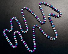 Victor Beckmann, "Wild Berry Cotton Candy Dreamsicle Swirl", 2025, freshwater pearls, sterling silver, amethyst, silk, 24 x 1 x 1/4"