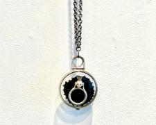 Jewelry Box #8, Alas Poor Yorick, 2018, locket pendant with ring: sterling, watch crystals, carved pearl, 14k yellow gold, velvet, vintage glass beads, locket: 2 x 2 x 38" / chain: 18"