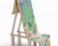 "The Bathers: Empire", 2024, handwoven drawing/sculpture on basswood with acrylic, ink, pencil, paper, and gold leaf woven with cotton and metallic hemp, 21 x 9 x 14"