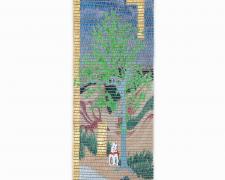 "The Bathers: Empire", 2024, handwoven drawing/sculpture on basswood with acrylic, ink, pencil, paper, and gold leaf woven with cotton and metallic hemp (flat view)