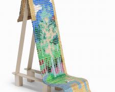 "The Bathers: Platte", 2024, handwoven drawing/sculpture on basswood with acrylic, ink, pencil, paper, and gold leaf woven with cotton and metallic hemp, 18 x 6 x 17"