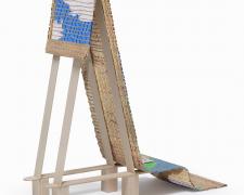 "The Bathers: Platte", 2024, handwoven drawing/sculpture on basswood with acrylic, ink, pencil, paper, and gold leaf woven with cotton and metallic hemp, 18 x 6 x 17" (back)