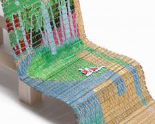 "The Bathers: Platte", 2024, handwoven drawing/sculpture on basswood with acrylic, ink, pencil, paper, and gold leaf woven with cotton and metallic hemp, 18 x 6 x 17" (detail)