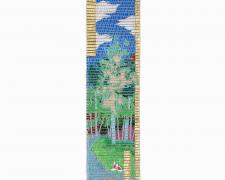"The Bathers: Platte", 2024, handwoven drawing/sculpture on basswood with acrylic, ink, pencil, paper, and gold leaf woven with cotton and metallic hemp (flat view)
