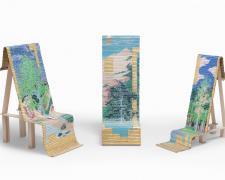 "The Bathers" Series, 2024, handwoven drawing/sculpture on basswood with acrylic, ink, pencil, paper, and gold leaf woven with cotton and metallic hemp (installation view)