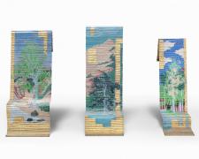 "The Bathers" Series, 2024, handwoven drawing/sculpture on basswood with acrylic, ink, pencil, paper, and gold leaf woven with cotton and metallic hemp (installation view)