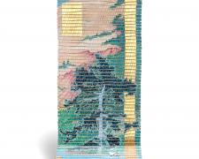 "The Bathers: Sleeping Bear", 2024, handwoven drawing/sculpture on basswood with acrylic, ink, pencil, paper, and gold leaf woven with cotton and metallic hemp, 22 x 8 x 10"