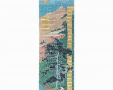 "The Bathers: Sleeping Bear", 2024, handwoven drawing/sculpture on basswood with acrylic, ink, pencil, paper, and gold leaf woven with cotton and metallic hemp (flat view)