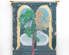 "Janus", 2024, handwoven drawing on basswood with acrylic, ink, and gold leaf woven with lurex and cotton, 5 1/2 x 4'