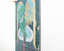 "Janus", 2024, handwoven drawing on basswood with acrylic, ink, and gold leaf woven with lurex and cotton, 5 1/2 x 4' (side view)