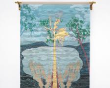 "Venus", 2024, handwoven drawing on basswood with acrylic, ink, and gold leaf woven with lurex and cotton, 5 1/2 x 4'