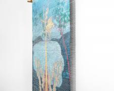 "Venus", 2024, handwoven drawing on basswood with acrylic, ink, and gold leaf woven with lurex and cotton, 5 1/2 x 4' (side view)