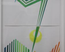 Intrusion, 2015, gouache, colored acetate, painted plexiglas on paper, 42 x 28"