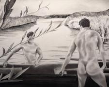 "It Takes Two", 2026, charcoal and watercolor on paper mounted on panel, 16 x 20 x 1"