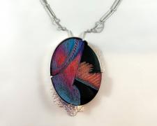 Jessica Jacobi, "Viscid Extension", 2023, black spinel, poplar, Prismacolor pencil, sterling silver, 12" long / pendant: 3 1/2 x 2 1/2 x 3/8"