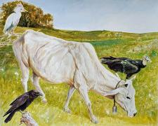A Gaunt Belled Cow Wondering, 2020, acrylic on paper, p.s. 15 x 17 3/4"