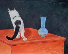 White and Black Cat with Blue Vase Atop a Red Chest, 2020, acrylic on paper, p.s. 15 x 19 3/4"